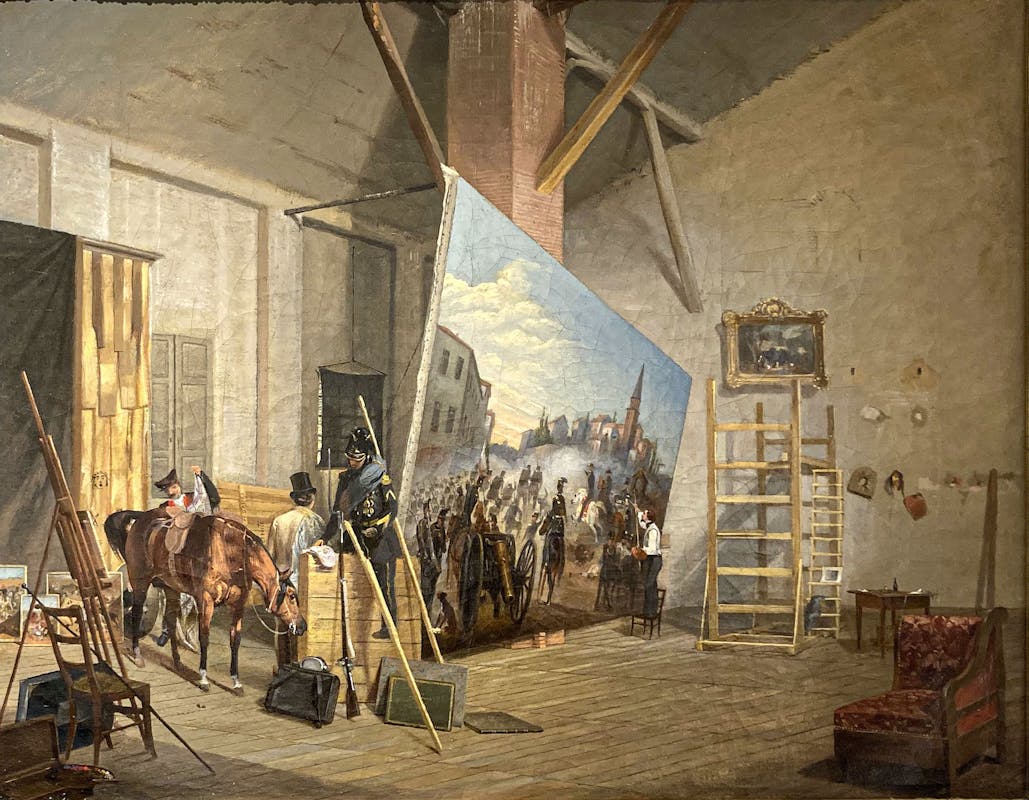 Felice Cerruti Bauduc, Atelier con il pittore in atto di dipingere il Combattimento di Sommacampagna 1855