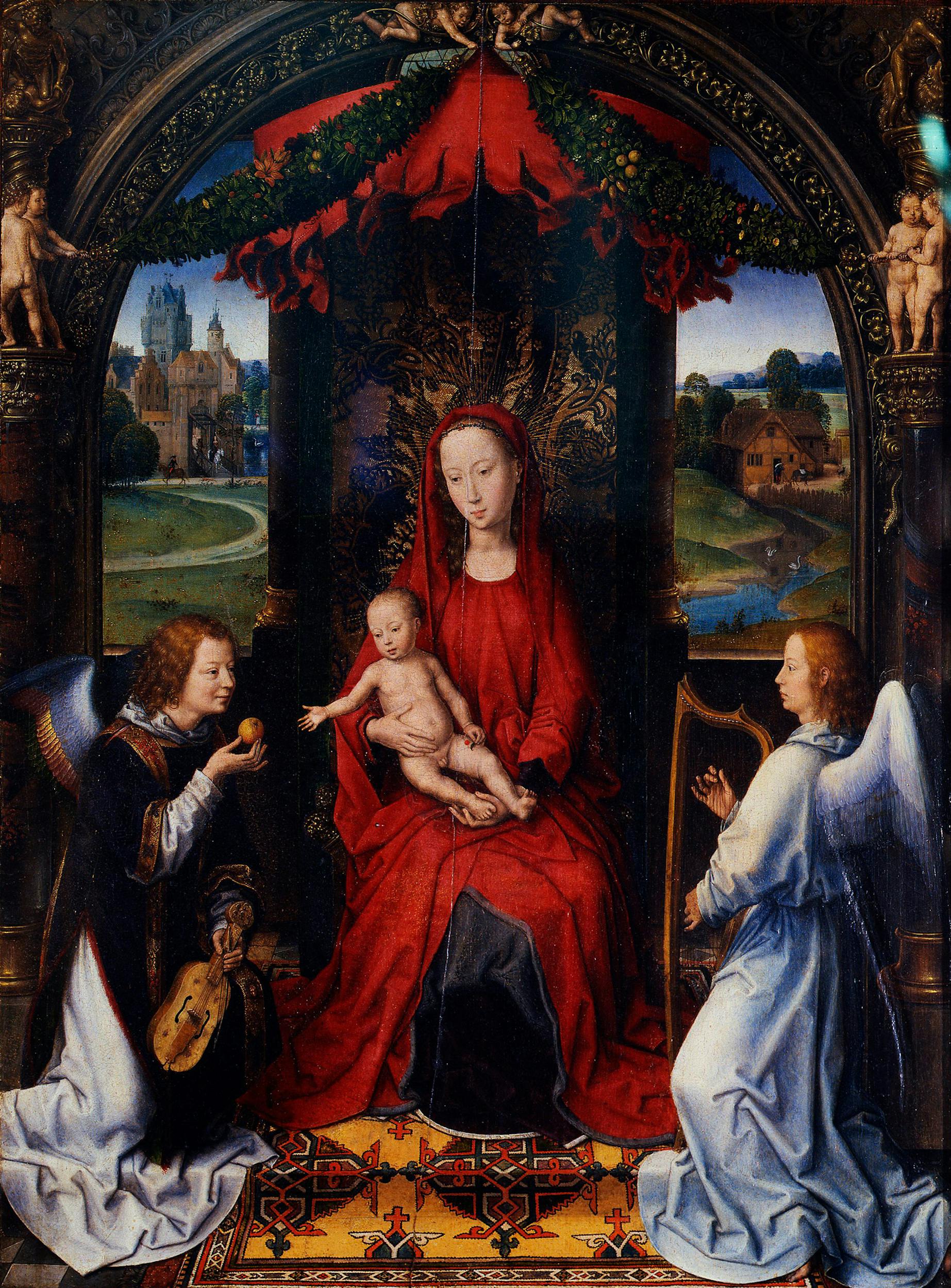 Hans Memling (Seligenstadt, Germania 1430 - Bruges, Belgio 1494), Madonna con Bambino e angeli, XV secolo (1480), olio su tavola. Firenze, Galleria degli Uffizi