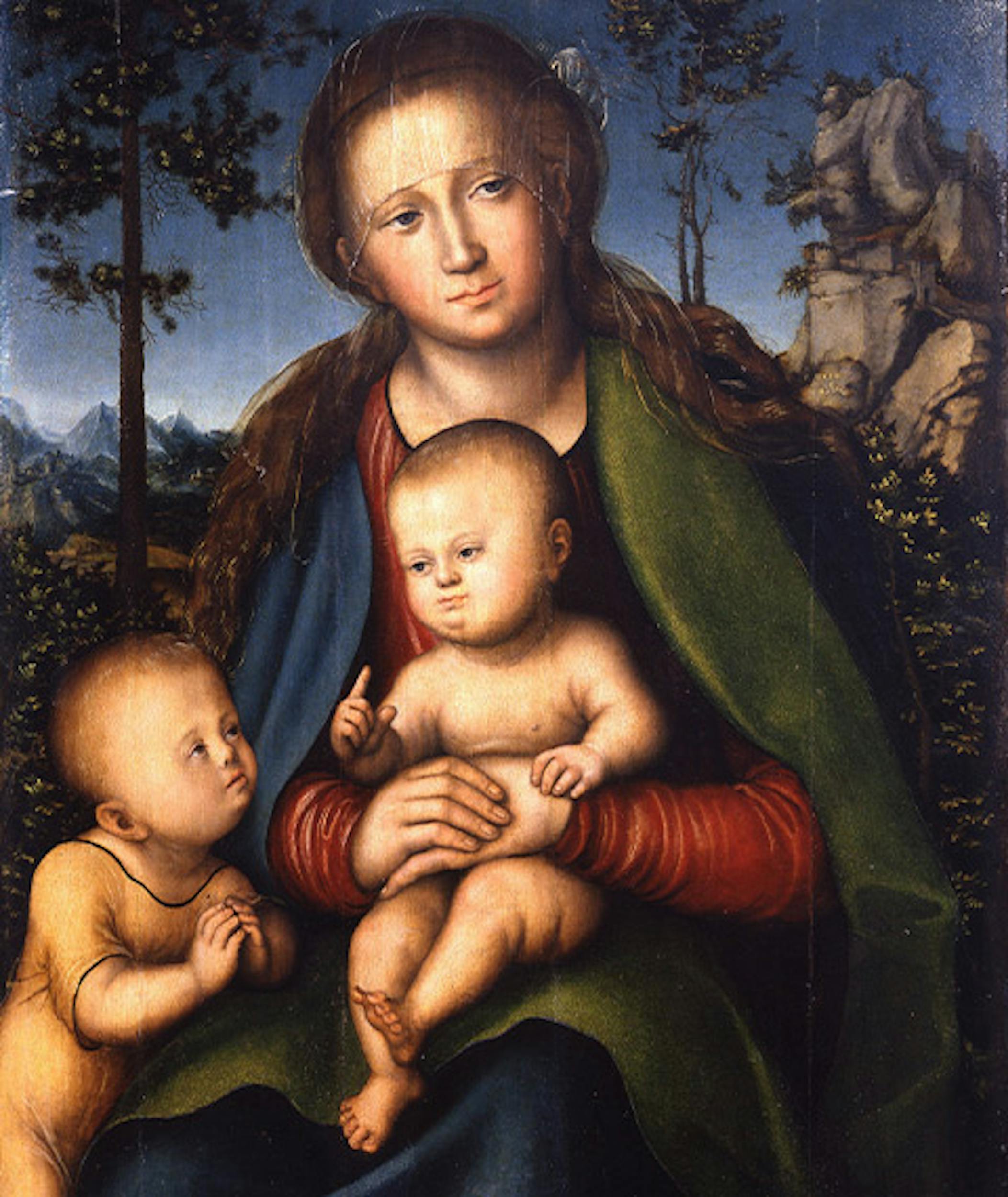 Lucas Cranach il Vecchio (Kronach 1472 – Weimar 16 ottobre 1553), Madonna col bambino e San Giovannino, 1514, olio su tavola,Uffizi