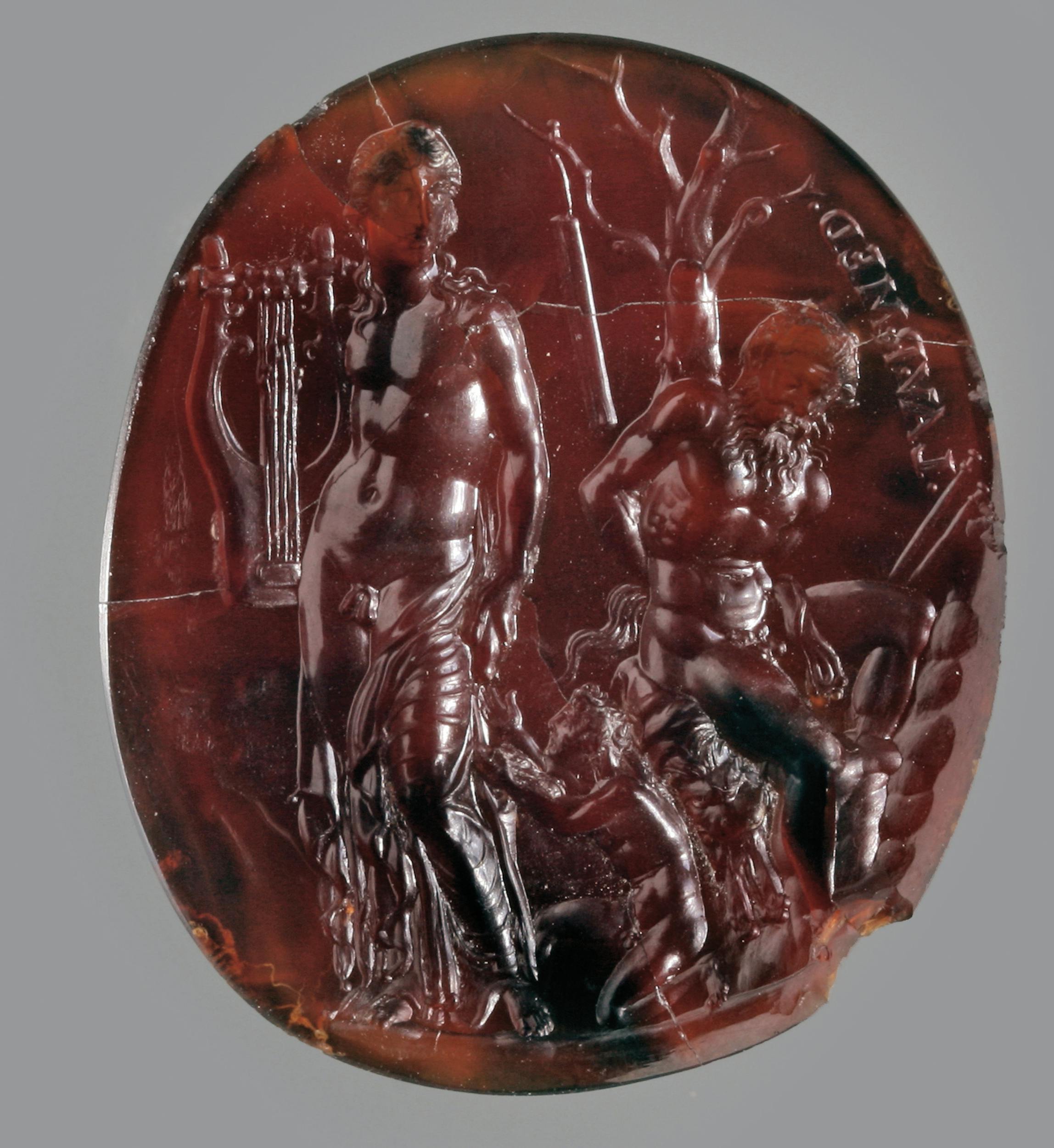 Dioskourides, Apollo, Olimpo e Marsia, prima metà del I secolo d.C., intaglio in corniola, Napoli, Museo Archeologico Nazionale.