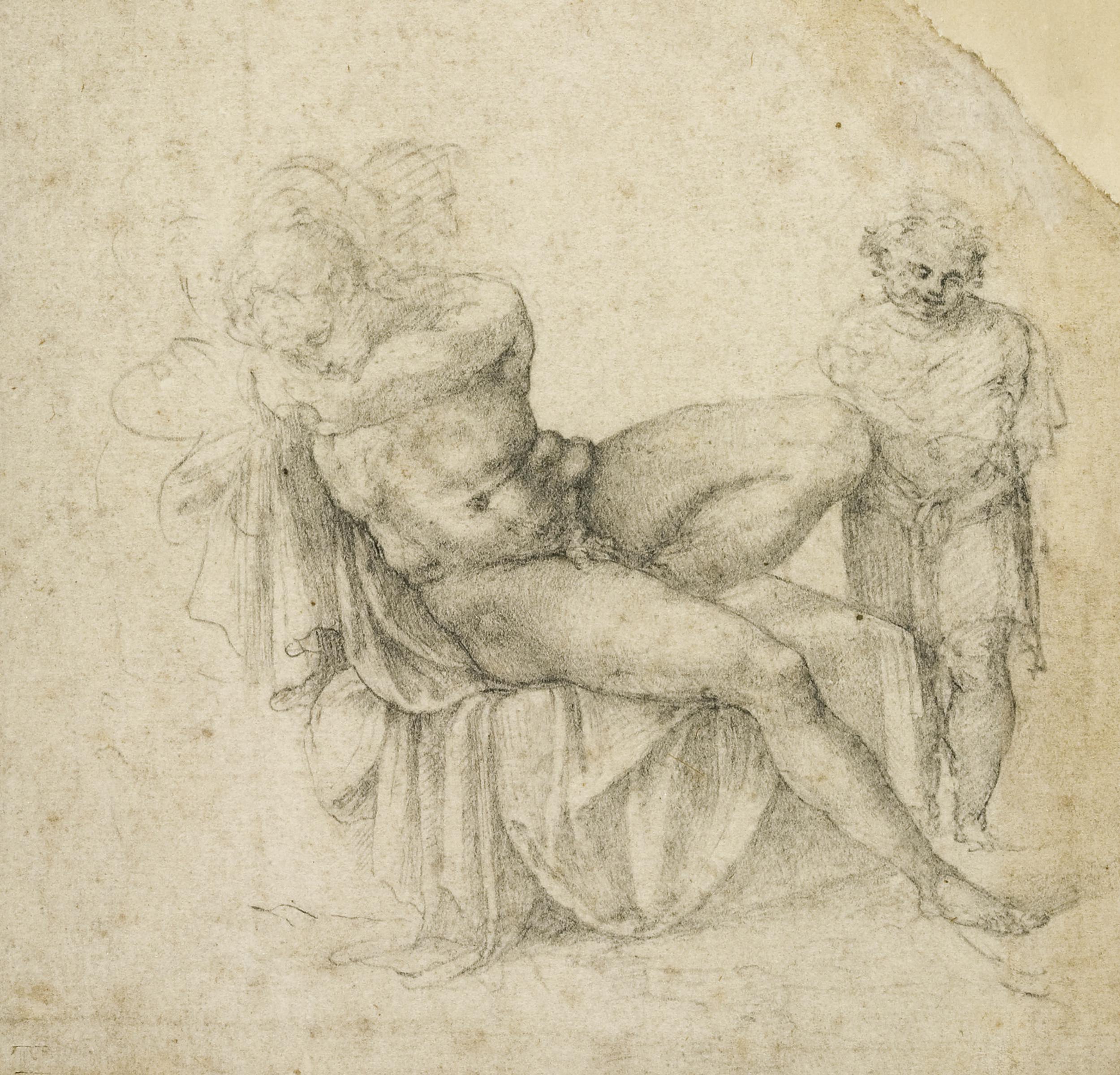 Copia o studio da Michelangelo, Giovane nudo addormentato sopra un sedile, carboncino nero, penna e inchiostro bruno, Frankfurt am Main, Städel Museum.