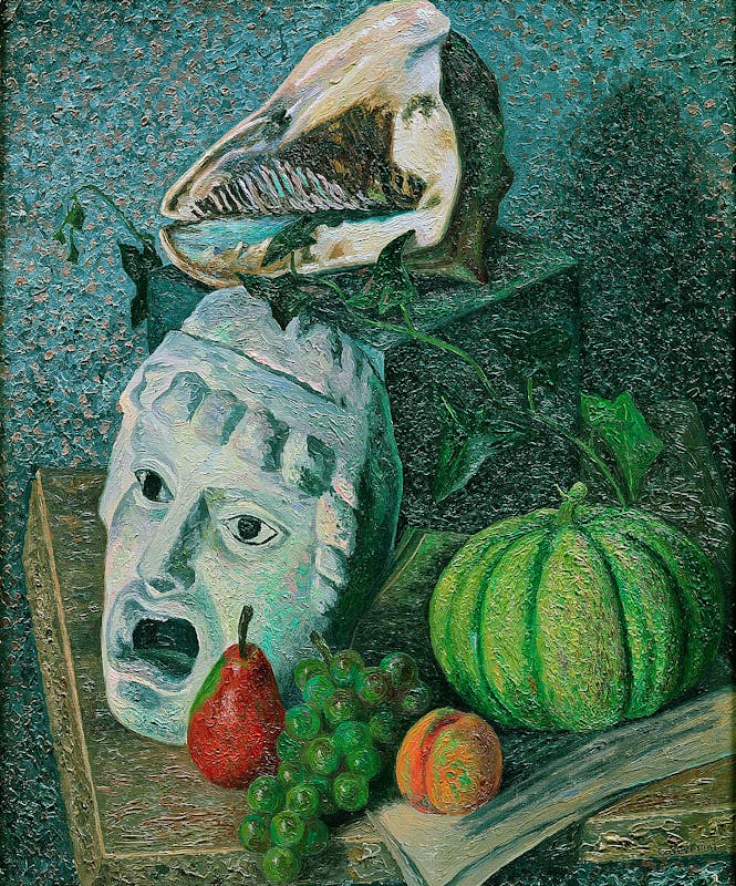 Gino Severini (Cortona 1883 - Parigi 1966), Natura morta con frutta e maschera, XX secolo (1930-1932), olio su tela. Firenze, Gallerie degli Uffizi, Galleria d’Arte Moderna, Depositi
